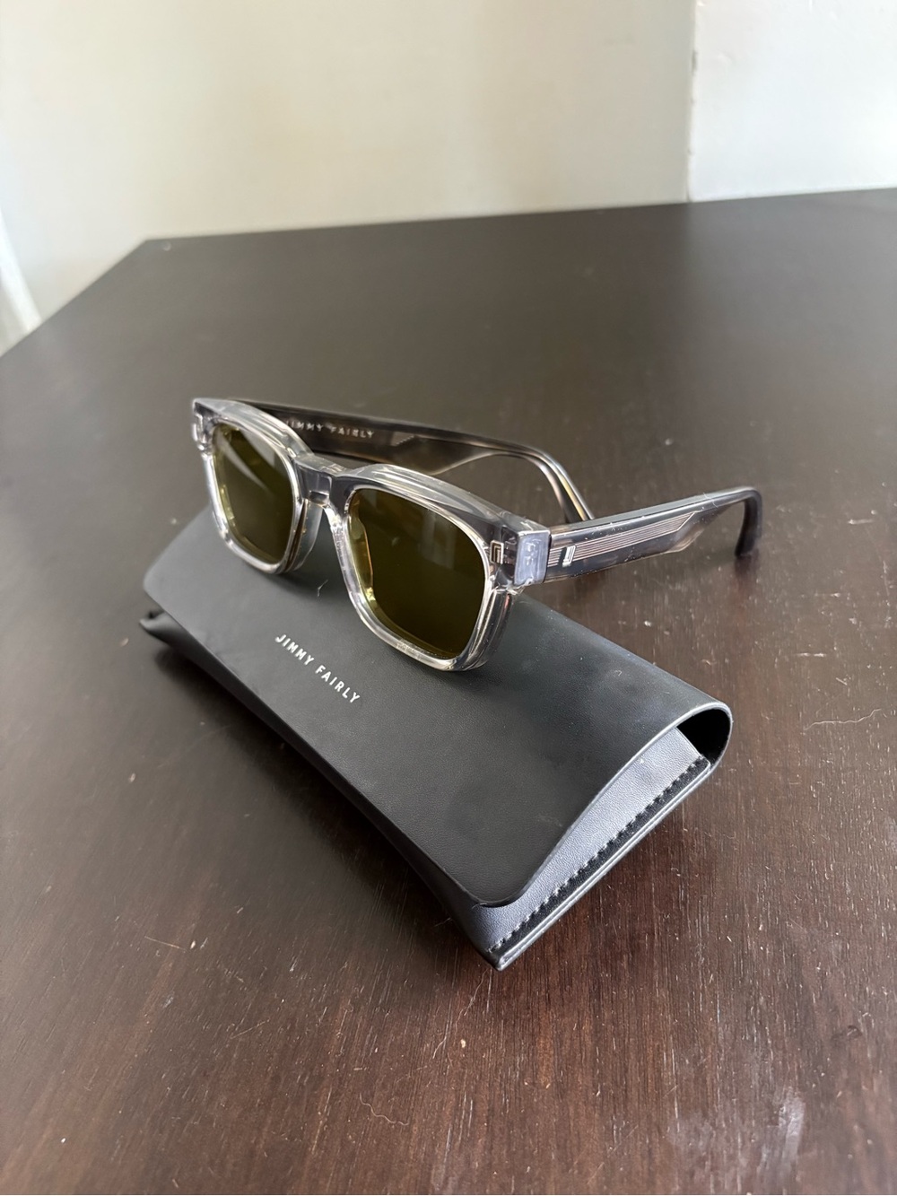 Jimmy Fairly Men’s Clear Frame Sunglasses with Green Lenses